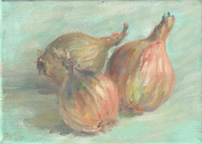 Florentine Haak, 3 uien, 130 euro, Oil on canvas, unframed, 13x18 cm
