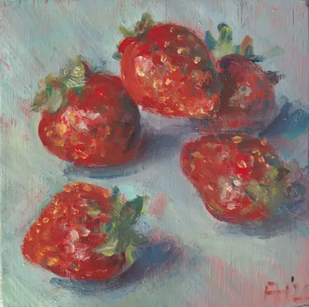 Florentine Haak, Aardbeien, Oil on panel (unframed), 11x11 cm, €.60,-