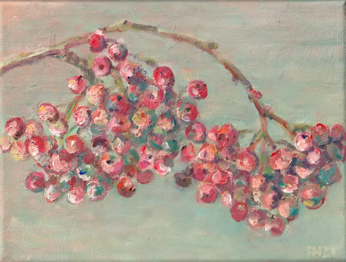 Florentine Haak, Pernettya rode bes, 175 euro, Oil on canvas, unframed, 18x24 cm
