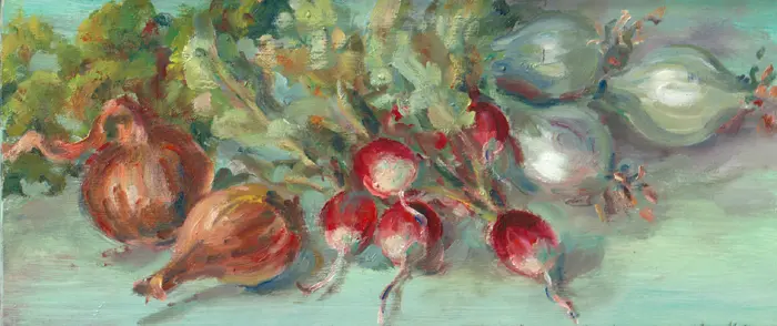 Florentine Haak, radijsjes en uien, Oil on wooden small panel, 12x28 cm, €.175,-
