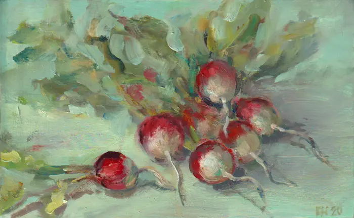 Florentine Haak, radijsjes, Oil on wooden small panel, 12x19 cm, €.150,-