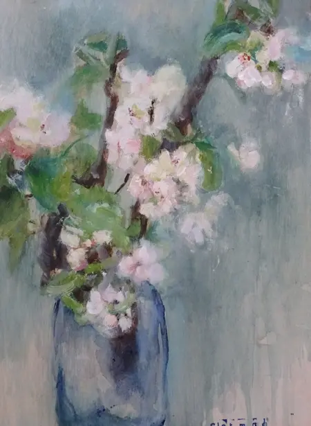 Gea Slotman, Appelbloesem op vaas, Acrylic on wood, 30x20x3cm, €.195,-