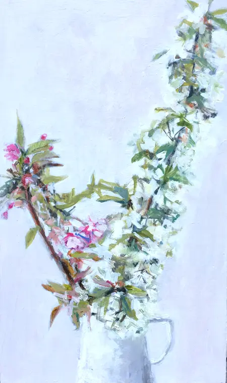 Gea Slotman, Appelbloesem op vaas, Mixed media on panel, 50x30x4 cm, €.275,-