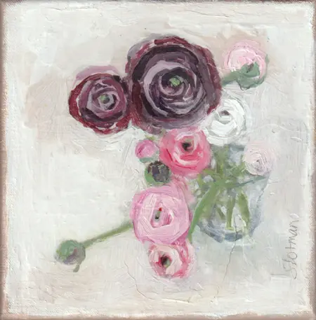 Gea Slotman, Bordeaux ranonkels, Oil on canvas, 20x20 cm, €.145,-