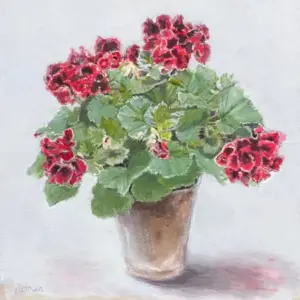 Gea Slotman, Geranium in pot, 425 euro, Acrylic on wood, unframed, 30x30x3 cm