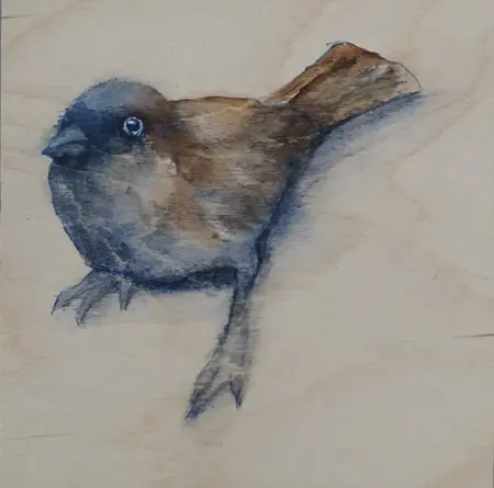 Gea Slotman, Mus op blank hout, Acrylic on wood, 15x15x3cm, €.90,-