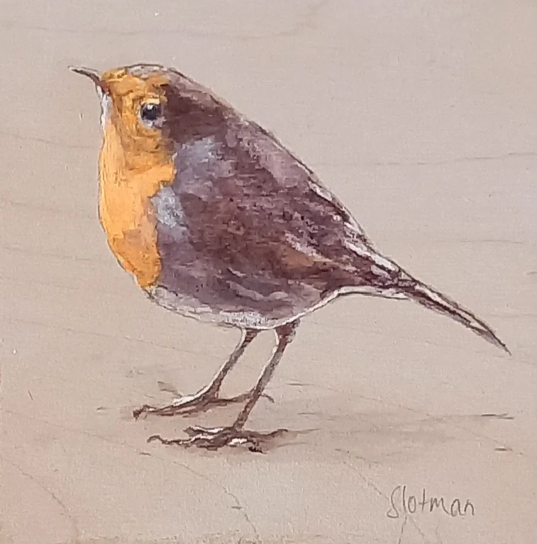 Gea Slotman, Roodborstje 1, 95 euro, Acrylic on wooden panel, 10x10x3 cm