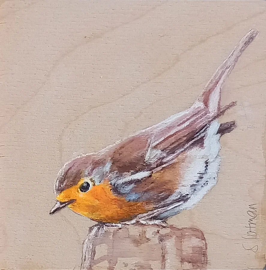 Gea Slotman, Roodborstje 2, 95 euro, Acrylic on wooden panel, 10x10x3 cm