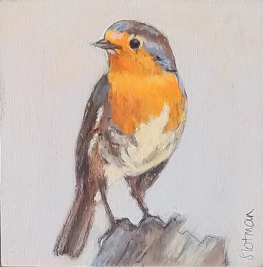 Gea Slotman, Roodborstje 3, 95 euro, Acrylic on wooden panel, 10x10x3 cm