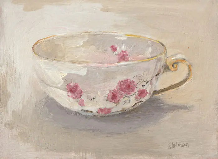 Gea Slotman, roze bloemetjes, 165 euro, Acrylic on panel, 15x20x3 cm