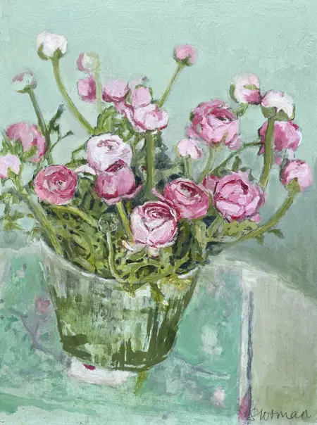 Gea Slotman, Roze Ranonkels in kan, Oil on panel, 40x30x3 cm, €.295,-
