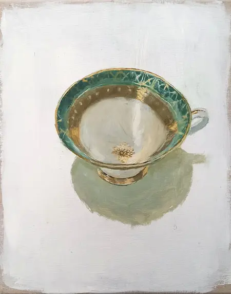 Gea Slotman, Theekopje groen, 575 euro, Acrylic on linen in wooden frame, 50x40 cm