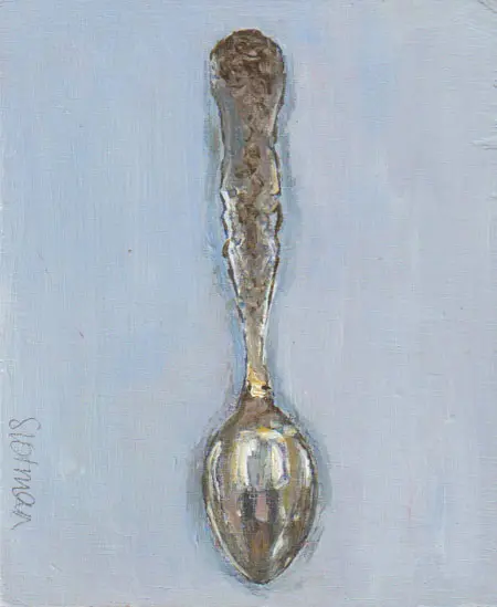 Gea Slotman, Theelepel blauw, 145 euro, Oil on linen, unframed, 10x12 cm