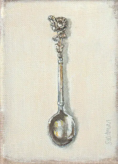 Gea Slotman, Theelepel met bloem, 175 euro, Oil on linen, unframed, 18x13 cm