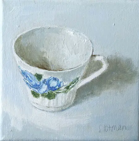 Gea Slotman, Vintage blauw theekopje, 150 euro, Acrylic on linen, 15x15 cm