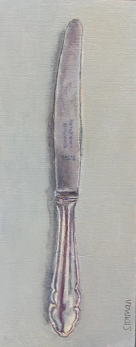 Gea Slotman, Vintage mes op hout 8, 135 euro, Acrylic on wood, unframed, 8x20x1 cm
