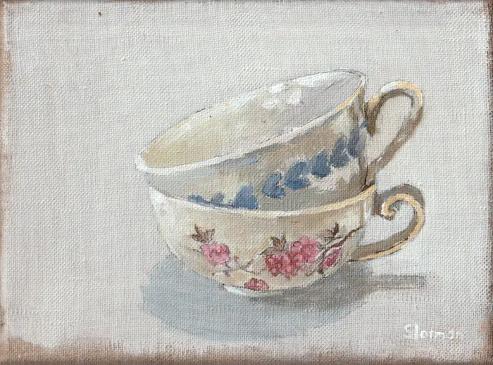 Gea Slotman, Vintage theekopjes, 195 euro, Acrylic on linen, 18x24 cm