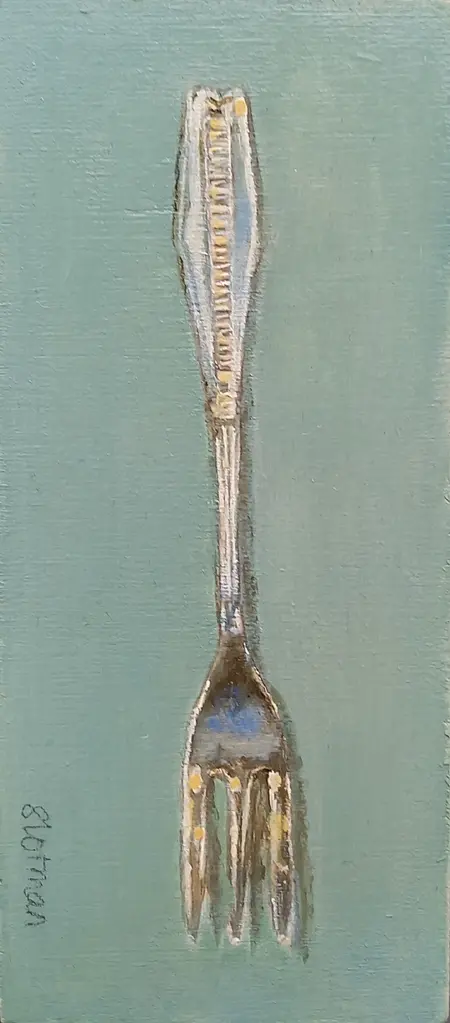 Gea Slotman, Vintage vorkje op hout, 135 euro, Acrylic on wood, unframed, 8x18x1 cm