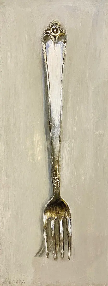 Gea Slotman, Zilveren vork, 195 euro, Oil on panel, unframed, 39x15x3,5 cm