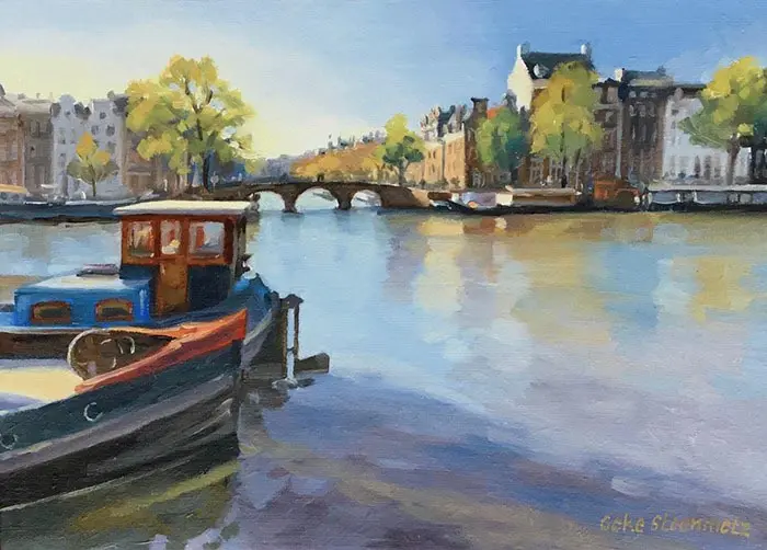 Geke Steenmetz, Amstel hoek Keizersgracht, 250 euro, Oil on panel in wooden frame, 13x18 cm