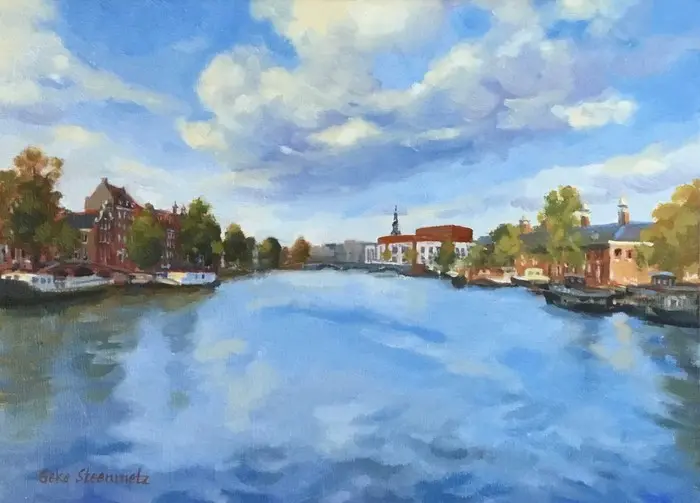 Geke Steenmetz, Amstel met Stopera, 250 euro, Oil on panel in wooden frame, 13x18 cm