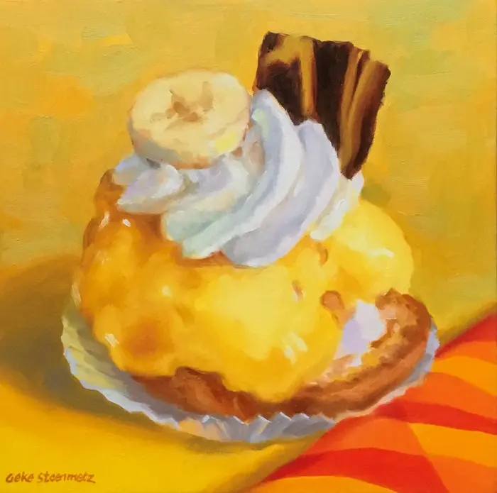 Geke Steenmetz, Bananensoes, 210 euro, Oil on panel in wooden frame, 15x15 cm
