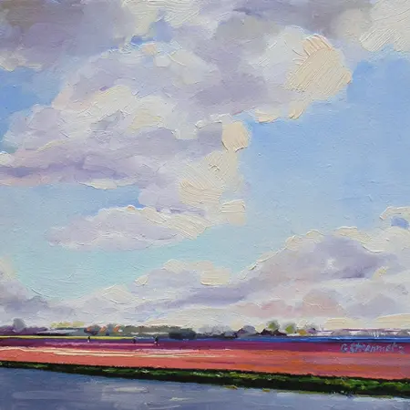 Geke Steenmetz, Bollenvelden Holland, Oil on wood, 15x15 cm, €.110,-