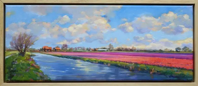Geke Steenmetz, Bollenvelden langs het water, Oil on canvas in wooden frame, 20x50 cm, €.490,-