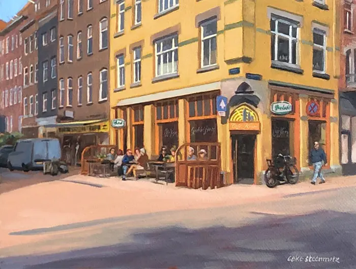 Geke Steenmetz, Café Krom, Oil on panel in wooden frame, on commission