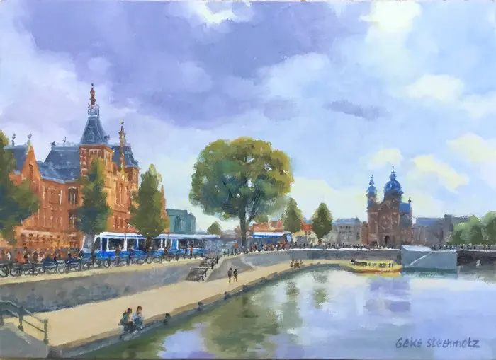 Geke Steenmetz, Centraal Station Amsterdam, 250 euro, Oil on panel in wooden frame, 13x18 cm