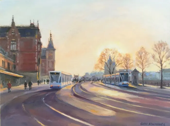 Geke Steenmetz, Centraal Station Amsterdam, 250 euro, Oil on panel in wooden frame, 18x24 cm
