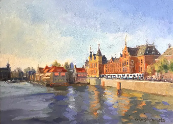 Geke Steenmetz, Centraal Stationl, Oil on panel in wooden frame, 13x18 cm, €.175,-