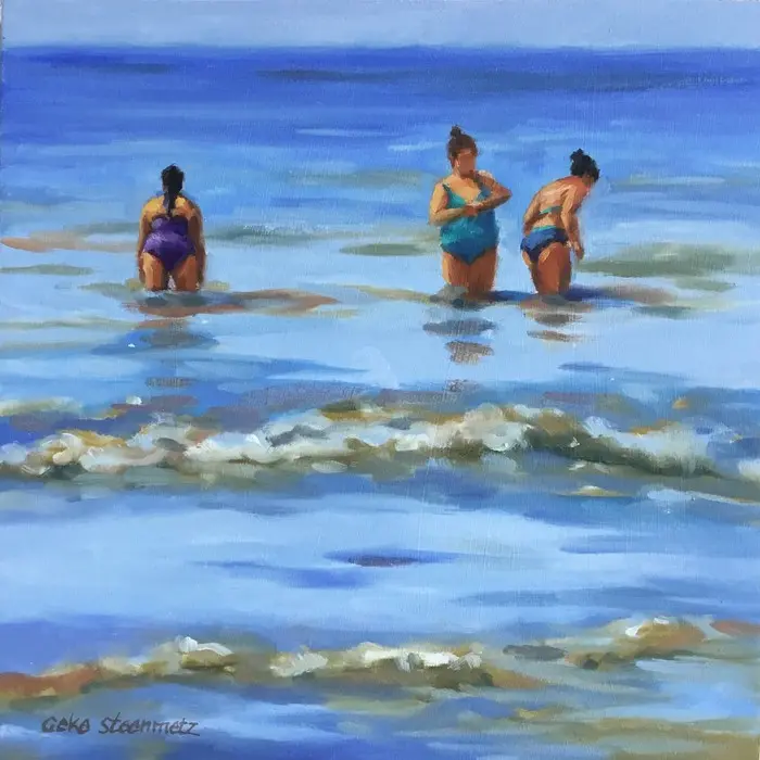 Geke Steenmetz, drie vrouwen in zee, 240 euro, Oil on panel, unframed, 20x20 cm