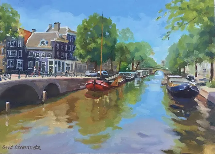 Geke Steenmetz, hoek Prinsengracht/brouwersgracht, 250 euro, 13x18 cm, Oil on panel in wooden frame
