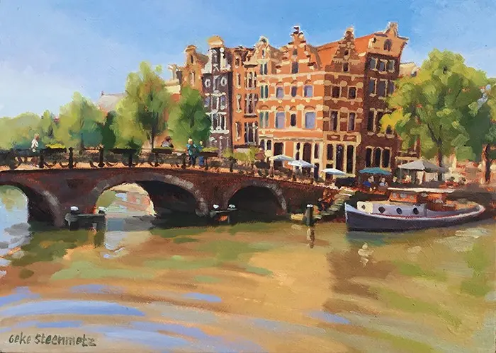 Geke Steenmetz, Hoek Prinsengracht, 250 euro, 13x18 cm, Oil on panel in wooden frame