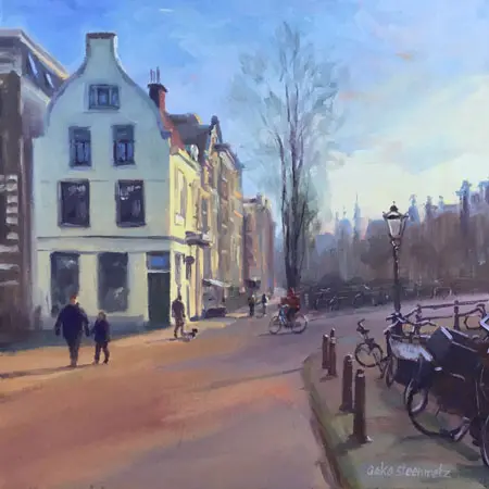 Geke Steenmetz, Keizersgracht/lelie, Oil on panel in wooden frame, 15x15 cm, €.250,-