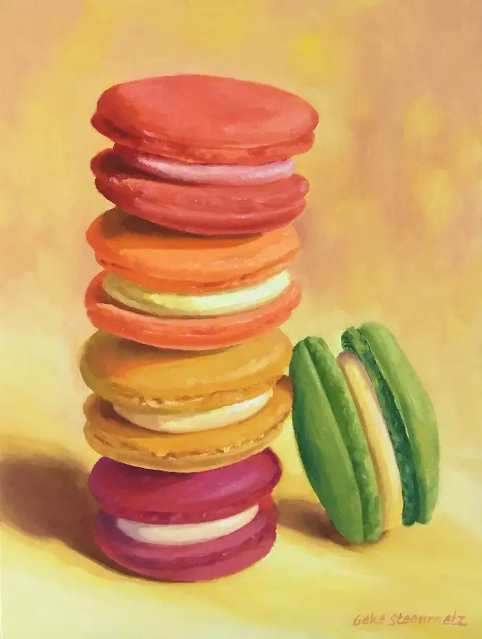 Geke Steenmetz, Macarons II, 250 euro, Oil on panel in wooden frame, 24x18 cm