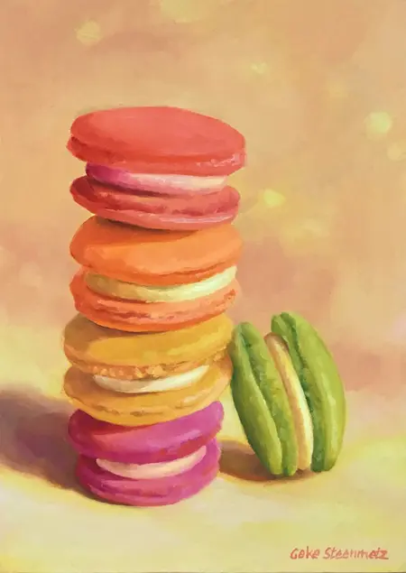Geke Steenmetz, Macarons, 190 euro, Oil on panel in wooden frame, 13x18 cm
