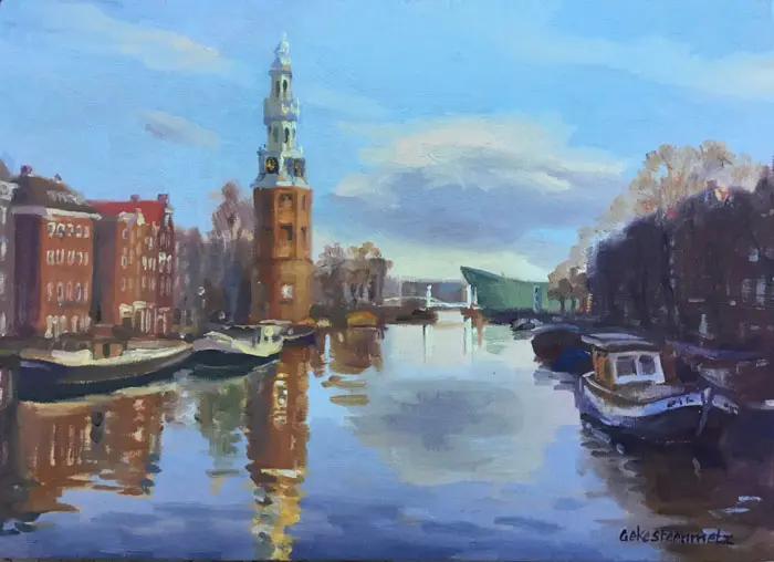 Geke Steenmetz, Montelbaanstoren, Oil on panel in wooden frame, 13x18 cm, €.250,-