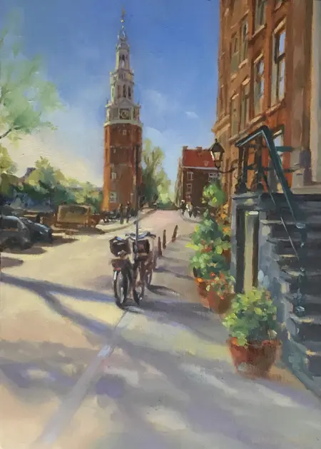 Geke Steenmetz, Montelbaanstoren, 250 euro, Oil on panel in wooden frame, 13x18 cm
