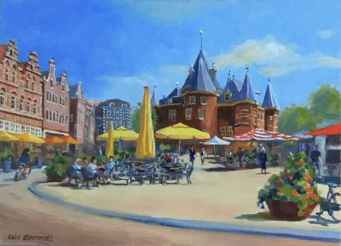 Geke Steenmetz, Nieuwmarkt met de Waag, 250 euro, Oil on panel in wooden frame, 13x18 cm