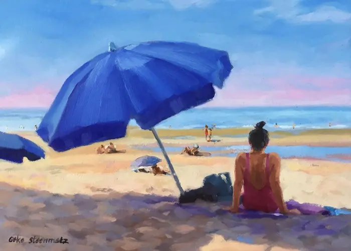 Geke Steenmetz, Onder blauwe parasol, 195 euro, Oil on panel in wooden frame, 13x18 cm