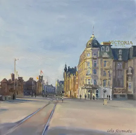 Geke Steenmetz, Op weg naar de Dam, 250 euro, Oil on panel in wooden frame, 15x15 cm