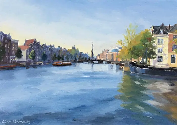 Geke Steenmetz, Over de Amstel (munttoren), 250 euro, Oil on panel in wooden frame, 13x18 cm