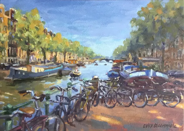 Geke Steenmetz, Prinsengracht, Oil on panel in natural wooden frame, 13x18 cm, €.175,-