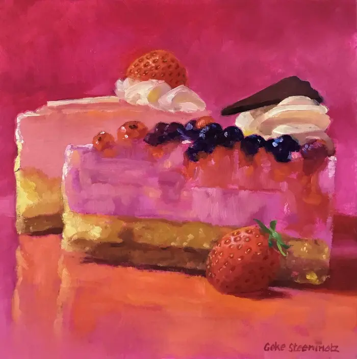 Geke Steenmetz, Puntgebak met aardbei, 190 euro, Oil on panel in wooden frame, 15x15 cm