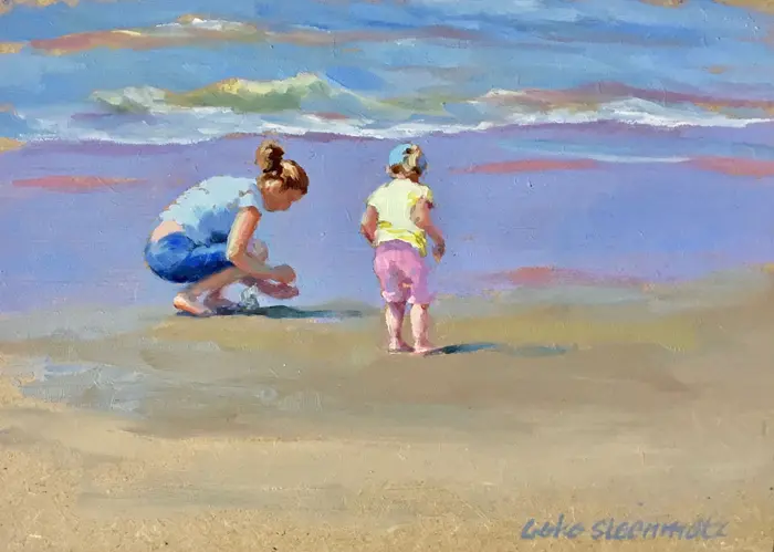 Geke Steenmetz, Schelpen zoeken, Oil on wood, 13x18 cm, €.145,-