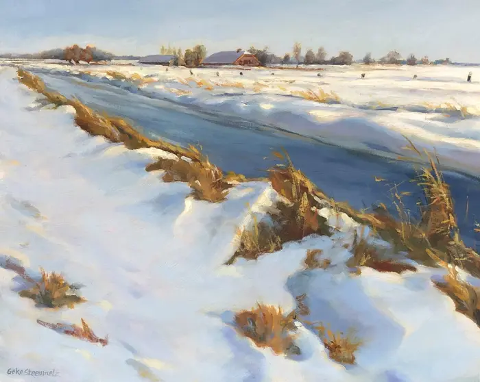 Geke Steenmetz, Sneeuw langs de Laak, 320 euro, Oil in wooden frame, 24x30 cm