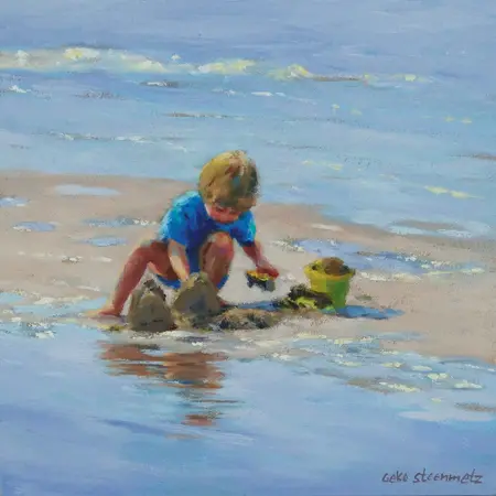 Geke Steenmetz, Spelen in het zand, Oil on wood in wooden frame, 15x15 cm, €.145,-