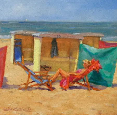 Geke Steenmetz, Strandhokje Katwijjk, Oil on wood in wooden frame, 15x15 cm, €.145,-